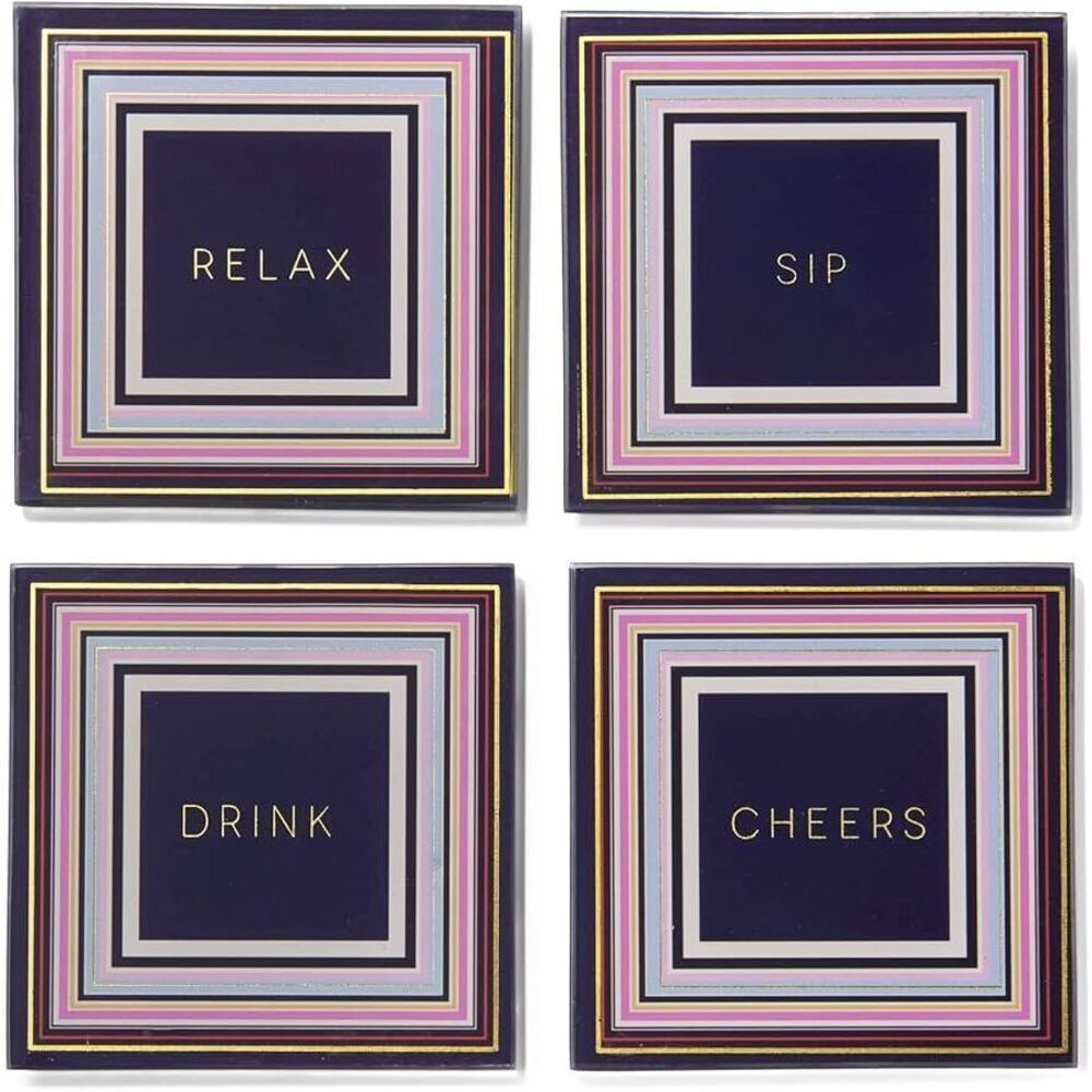 Trina Turk Glass Coasters Set 4 Gold White Bar Cart Decor Hostess Gift NWT